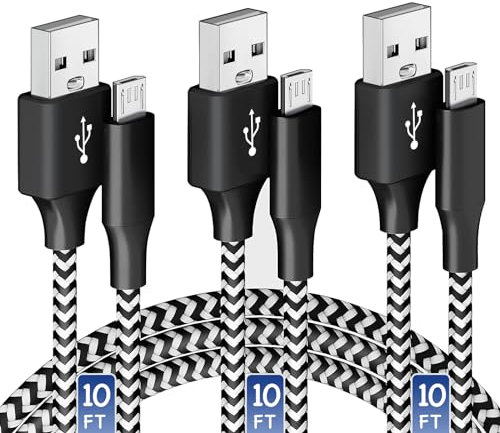 Micro USB Charging Cable 10/10/10FT, 3 Pack Nylon Braided Charger Cables for Samsung, Nexus, LG, Smartphones, Tablets, Kindle, Game Consoles, Cameras, Hard Drives, and More, Black&White