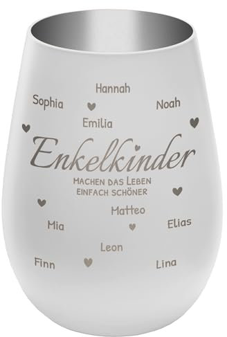 Windlicht mit Gravur ''Enkelkinder'' - personalisierbar mit Namen und Spruch - Weiß/Silber - Höhe 12 cm - Teelichthalter Kerzenhalter Vornamen Enkel