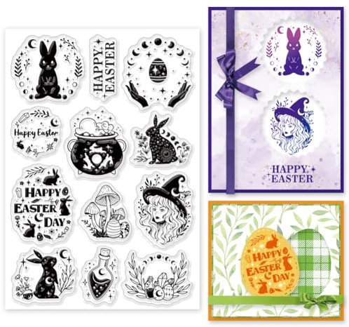 INFUNLY Osterhase Magic Clear Stamp Wiederverwendbare Eier Transparente Stempel Für Scrapbooking Stern Sonne Gummistempel Blumenwörter Silikonstempel Für Ostern Kartenherstellung Journaling Fotoalbum