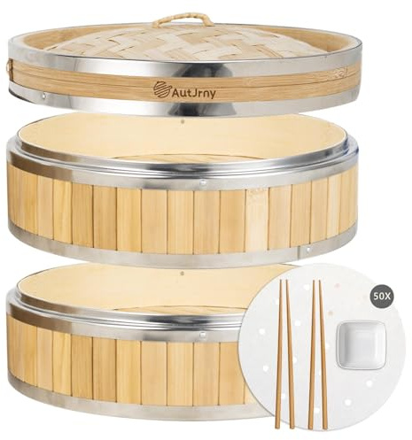 AutJrny 11.8-Inch Vertical Bamboo Steamer Basket, 2-Tier with Stainless Steel Rings | 50 Liners, Sauce Dish & 2-Chopsticks | Cooking Pot for Buns Dumplings Rice Vegetables Dim Sum