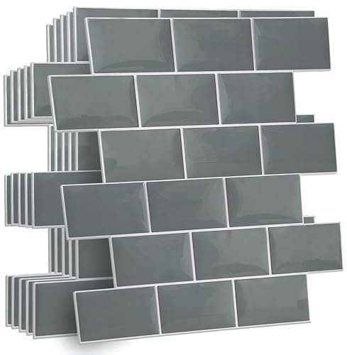 WALPLUS 3D Tile Stickers Peel and Stick Backsplash Splashback Decals Tile Transfer for Kitchen Bathroom Living Room Stick on Tile Waterproof Elegant Grey Metro Subway 40 Sheets 15.4x30.5cm