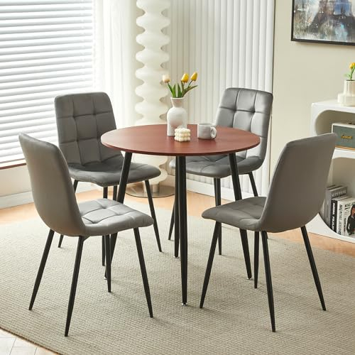 Homcasa Esstisch mit 4 Stühlen Essgruppen Rund Esstisch Retro Design Küchentisch Stuhl aus Samt für Wohnzimmer Esszimmer Wohnzimmer Büro (Hellgrau)