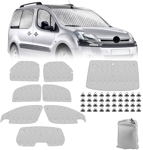 Parasol para Parabrisas Compatible con Citroen Berlingo 2008-2018, 8 Piezas Juego de Protector de Parabrisas, Juego de Ventana de Persiana Térmica Interior con Bolsa Almacenamiento, 100% Oclusión