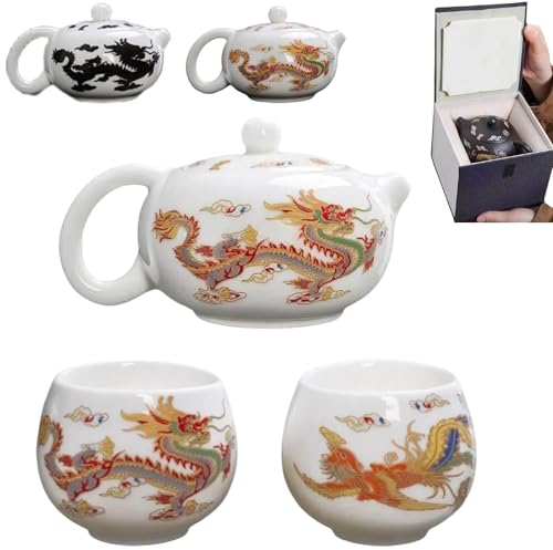 2024 Neue handgefertigte Teekanne mit Drachen und Phönix, farbwechselnd, Violett, Ton, Zisha-Teeset, Wasserkocher, Kung-Fu-Teekanne, Teeliebhaber-Geschenk (weiß, 1 Kanne und 2 Tassen)