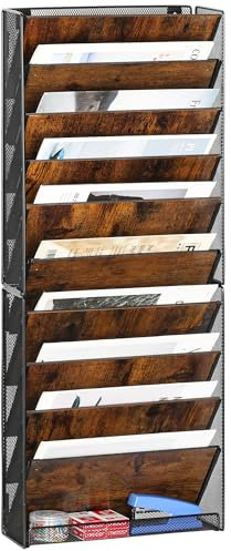 TQVAI Rangement Document Mural, 10 Compartiments Porte Revue Mural Bois Papier A4 Dossier Papeterie Organisateur de Bureau pour Bureau, Maison, École, Noir/Antique