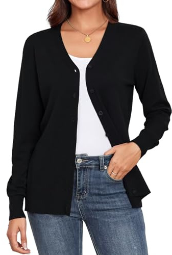 YGJIEGENG Strickjacke Damen Kurz, Herbst, V-Ausschnitt Langarm Cardigan | Klassische, V-Ausschnitt, Vintage Pullover mit Knöpfen, Leichte, Elegant, Casual Strickpullover für Halloween, Sommer, Winter