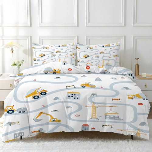 Linfye Bettwäsche 140x200 cm Traktorjunge Bettwäsche-Sets Bettbezug 140x200 Kinderbettwäsche, Weißer Bagger Weich Mikrofaser Bettbezüge 3 Teilig mit Reißverschluss + 2 Kissenbezug 80x80 cm