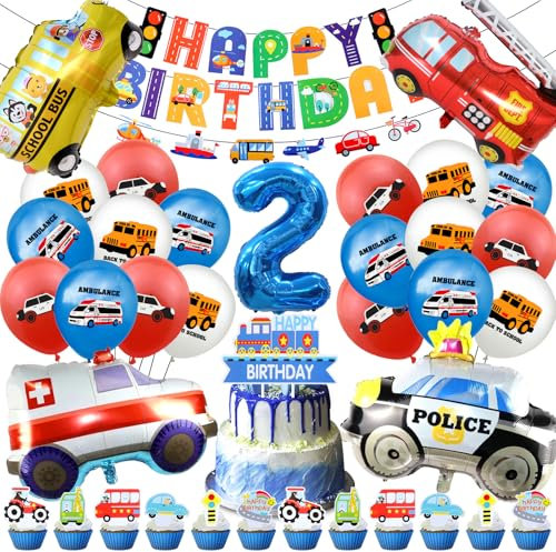 Auto Deko Geburtstag 2 Jahre,Cars Geburtstagsdeko für Jungen Mädchen,52 Pcs Feuerwehrfahrzeuge Truck Kindergeburtstag Deko Luftballon,Polizeiauto Motorrad Ballons Helium Party Dekoration
