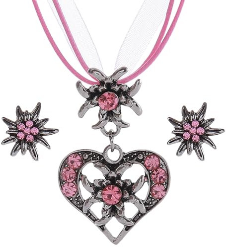 GUTERTOP 3 Stück Oktoberfest Dirndl Accessoires Damen, Rosa Trachtenkette Damen, Trachtenschmuck Damen Set mit Strass Edelweiß Herz Anhänger und Edelweiß Ohrstecker