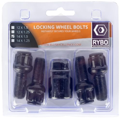 RYBO Juego de 4 pernos de bloqueo de rueda de aleación M14 x 1,5 (negro, longitud de rosca de 35 mm)