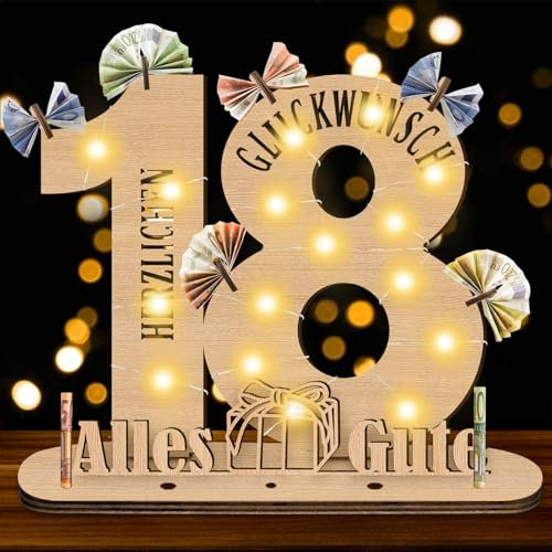 Herbst 18. Geburtstag Geldgeschenk Mädchen Junge, 18. Geburtstag Mädchen Originelle Geschenk Holz-Schild mit LED Gästebuch, Geldgeschenke für Jubiläum, Personalisierbares Geschenk