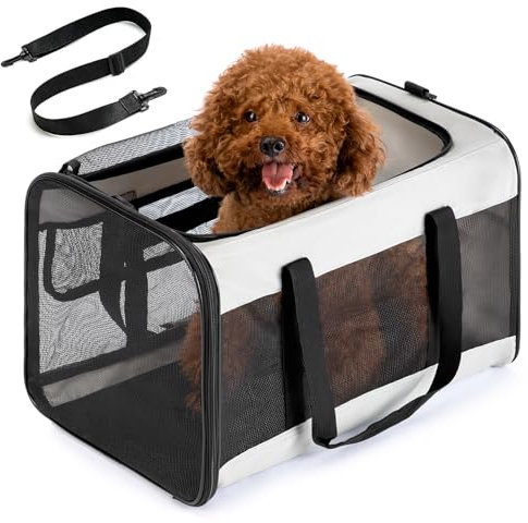 Conlun Hundetransporttasche – Weichwandige Tragetasche mit 4-Seitigem Mesh für Kleine Hunde & Große Katzen bis 9kg, Klappbare Reisetasche mit Atmungsaktivem Design in Größe L-Grau