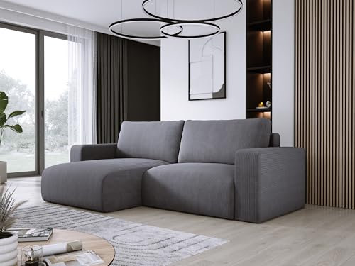 DomoHome Universelles Ecksofa Mit Schlaffunktion Und Bettkasten Weicher Cordstoff Flexibel Stellbar Linkes Layout Schlaffläche: 205x125cm Größe: 247x143x83cm Farbe: Grau