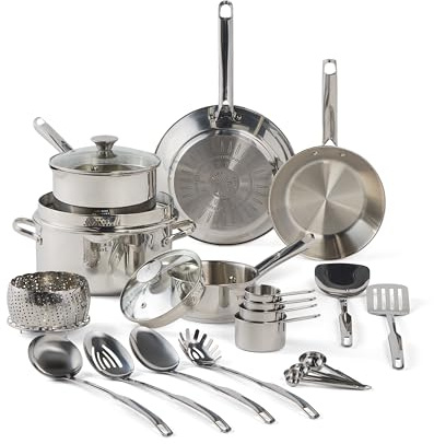 T-fal Gourmet Stainless Steel Cookware Set: 20-Piece Kitchen Essentials, Induction Compatible, Dishwasher Safe, Oven Safe to 500F, Durable Pots and Pans with Steamer for Versatile Cooking