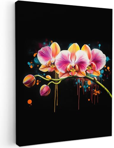 MuchoWow© Impression sur Toile Peinture 60x80 cm Tableau Mural Decoration Salon Reproductions de Tableaux Murale Moderne Orchidée - Graffiti - Coloré - Fleurs - Abstrait