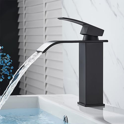 XWIHTR Robinet de salle de bain en cascade, robinet d'évier à une poignée; bouche chaude et froide, économie d'eau ; robinet de salle de bain en laiton en acier inoxydable (noir)