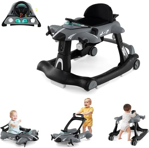 RELAX4LIFE Girello per Bambini 6-in-1, con Altezza e Velocità Regolabili, Seggiolino Imbottito, Musica, Luci, Ruote, a Aeroplano, Giocattolo per Bambini di 6-18 Mesi (GRIGIO)