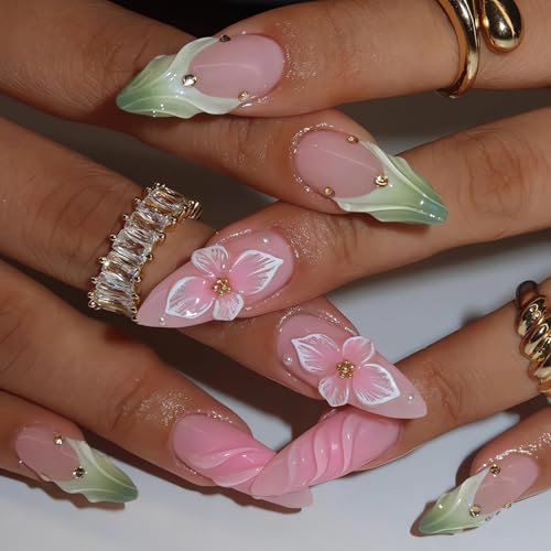 Auiremrti Lot de 24 faux ongles French tip, vert et rose, motifs floraux printaniers, ongles en acrylique 3D