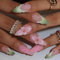 Auiremrti 24 Stück Mandel-Press-on-Nägel,Mittelrosa Künstliche Nägel mit Blumenmuster,Frühlingsblumen-Kunstnägel,Grün-rosa French-Tip,3D-Gel-Acrylnägel,Süße Klebenägel