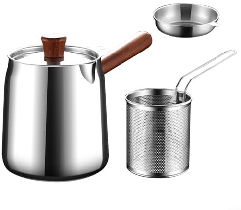 Alanmoship Olla freidora de acero inoxidable con cesta coladora, 15 cm de diámetro, 19 cm de altura, mango de 16 cm de largo, escurridor de aceite para alitas de pollo y patatas fritas (C)