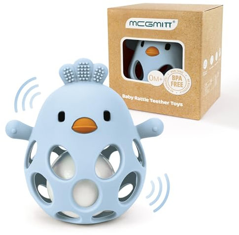 MCGMITT Baby Greifball Beißring aus BPA-freiem Silikon – Hühnchen-Rasselspielzeug Sensorik Motorik Spielzeug ab 3 6 9 Monaten Leicht zu Greifen Weich & Sicher Montessori Geschenkidee für Babys -Blau