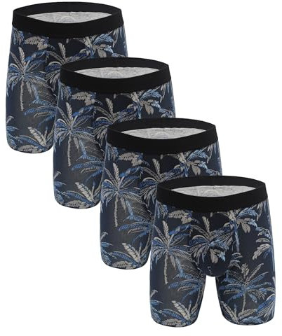 ZLYC Lot de 3/4 Boxers en Coton pour Homme - Jambes Longues, Palmier Bleu Marine, XL