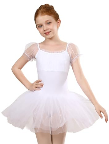 Tutú Vestido Ballet Niña Tutú de Ballet para Bailarina con Mangas Cortas, 7038-blanco, 4-5T