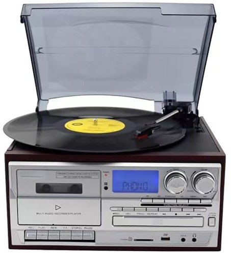Reproductor de discos de vinilo, tocadiscos Bluetooth de 3 velocidades con reproducción de CD/casete, radio AM/FM, grabadora USB, salida de línea Aux-in/RCA