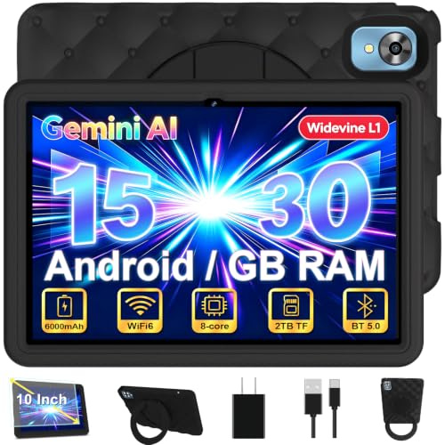 DMOAO Tablette 10 Pouces Android 15 avec 30Go RAM (TF 2To), 5G WI-FI 6, Widevine L1, Gemini AI, 8-Core, Tablette Tactile avec Coque Antichoc EVA + Support Rotatif à 360°, Noir