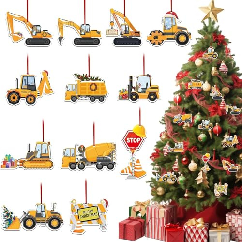Weihnachtsbaum Anhänger 24 Stück Weihnachtsbaumanhänger Holz Weihnachten Baumschmuck Bagger Christbaumanhänger Weihnachtsbaumschmuck für Weihnachtsdeko, Geschenkanhänger Kinder (Baustellen C)