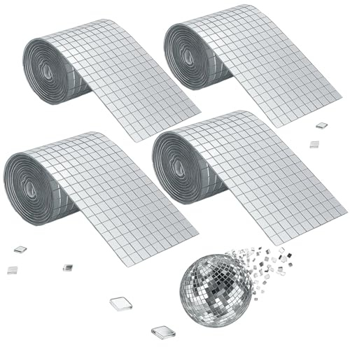 Mini Discokugel, 6400 Stück Selbstklebende Spiegel Mosaik Aufkleber, Spiegel Aufkleber, Discokugel Deko für DIY-Bastelprojekte, Partydekoration und Möbelgestaltung, 4 Rollen (4 x 100 cm)