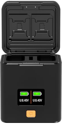 Tomvorks Akku-Ladebox für NP-FW50-Akkus, Dual-Slot-Ladegerät mit Kartensteckplatz, OLED-Bildschirm, PD-Schnellladung A6100 A7, für Reisende