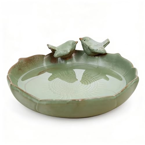 Vogelbad, 24 x 5,3 cm Vogeltränke Winterfest mit Zwei Kleine Vogeldekorationen, Rund Wassertränke für Vögel aus Keramik Glasiert, Vintage Vogeltränke Garten für Gärten, Höfe, Balkone und Rasen