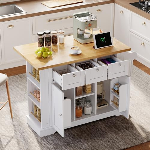 Bladez Isla de cocina móvil de 132 cm con encimera plegable, carrito de cocina con ruedas con enchufe y USB, mesa de cocina de estilo rústico con cajones, estante para especias y toallero, MDF, color