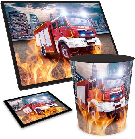 itenga Feuerwehr Schreibtisch-Set 3-teilig mit Motiv für Kinder Schreibunterlage 40x53 cm + Mauspad 21x18 cm + Papierkorb 11 L – verschiedene Designs für Kinderzimmer & Schule