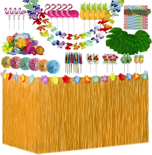 156 Pezzi Gonna Tavolo Hawaiana Tovaglia da Tavolo Set, Kit di Decorazioni per Feste Hawaiane, Foglie di Palma Fiori Hawaiani Cake Decorazioni, Perfette per Spiaggia Estiva e Feste a Tema Hawaiano