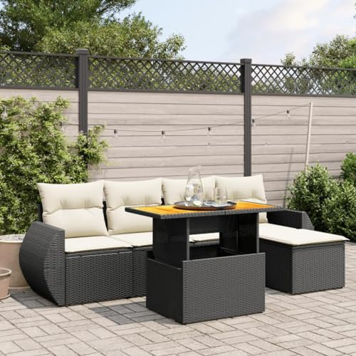 Owoxanthellate 6-TLG. Garten-Sofagarnitur schwarz Poly Rattan wetterfest mit höhenverstellbarem Akazien-Tisch 270x135 cm Komfortable Gartenmöbel Lounge für Terrasse Balkon