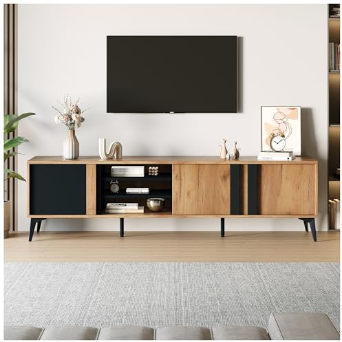 Lekvvied Mueble de TV de 180 x 40 x 50 cm, con puertas y estantes abiertos, apto para televisores de menos de 80 pulgadas, mueble bajo, mueble de TV marrón rústico, mueble de salón, negro + madera