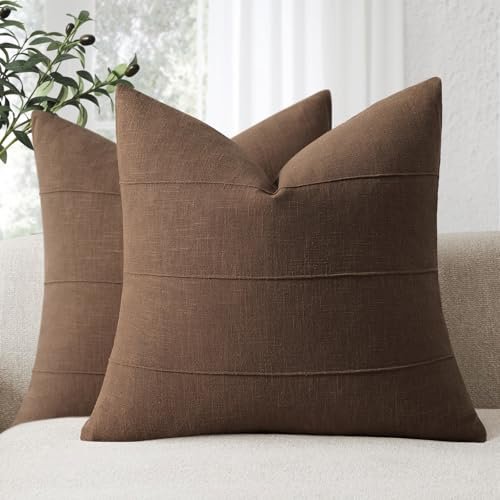 ZWJD Natur-Leinen Kissenbezug 40x40 2er Set Weiche Kissenbezüge in Dunkelbraun Einfarbige Sofakissen Kissenhüllen mit Streifenmuster für Couch, Bett, Schlafzimmer und Wohnzimmer, Moderne Dekokissen