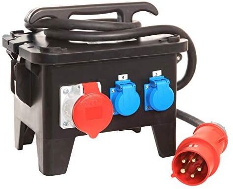as - Schwabe Baustromverteiler – CEE-Stecker 400V/32A/5-polig, ca. 22 kW - Starkstrom Adapter - 3 x Schutzkontaktsteckdose, 2 x CEE 400V/16A/5-polig, 1 x 400V/32A/5-polig – Made Germany – IP44, 60555