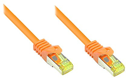 Kabelmeister® RJ45 Patchkabel mit Cat. 7 Rohkabel und Rastnasenschutz (RNS®), S/FTP, PiMF, halogenfrei, 500MHz, OFC, orange, 50m