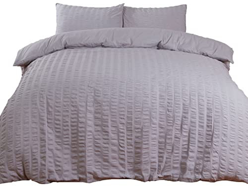 Highams Seersucker Duvet Cover with Pillow Case Bedding Set, Silver Grey - Double