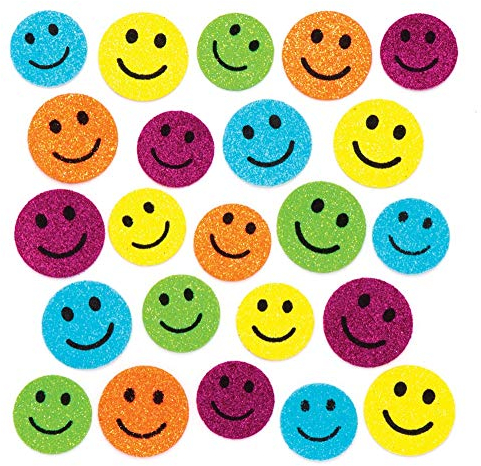 Baker Ross Glitzernde Moosgummi-Aufkleber „Happy Gesichter“ (100 Stück) – lustige Moosgummi-Aufkleber mit Smileys für Collagen und Bastelarbeiten