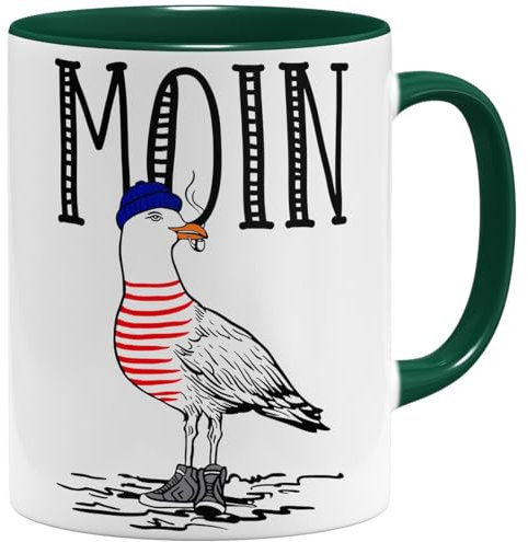 OM3® Seemöwe Moin Kaffee-Tasse mit Spruch - Guten Morgen Möwe II - Keramik Becher - 11oz 325ml - Beidseitig Bedruckt - Grün