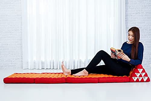 Leewadee - Bequeme Japanische Bodenmatratze - Thai Bodenliege mit Dreieckskissen - Futon Klappmatte - Thai Massagematte, XL Extra Lang, 225 x 50 cm, Orange Rot