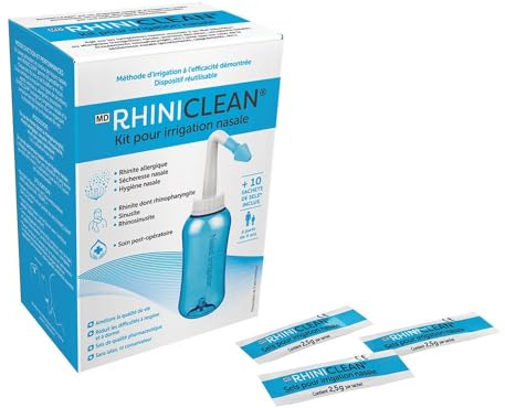 RHINICLEAN Kit pour irrigation nasale - 1 dispositif, 10 sachets de sel pharmaceutique made in france - Kit Lavage de Nez & Sinus -Neti Pot / Douche Nasale -Dès 4 ans