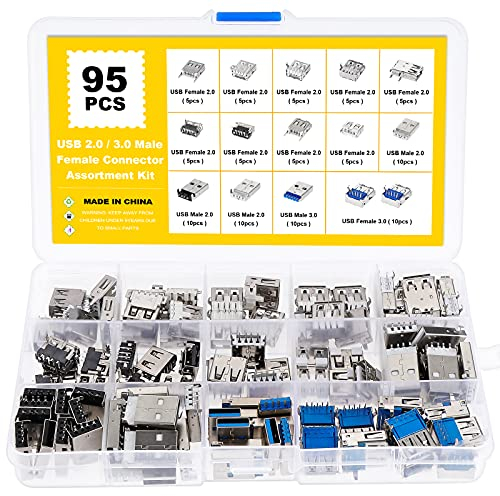 Faankiton 95 PCS 2.0/3.0 Type A USB Male Female Plug Connectorr,USB Type-A Female Male PCB Mount Socket Plug Connector for computer tablet pc mobile phone