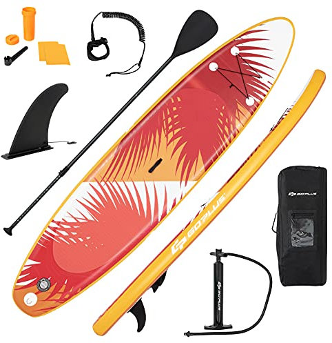 GOPLUS 320/335x76x15cm Stand Up Paddling Board, Aufblasbares SUP Board, Paddelboard mit Pumpe & Ausziehbarer Paddel & Fuß-Zugseil, 3 Finne, inkl. Rucksack & Reparaturset (Orange, 335x76x15CM)
