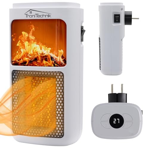Tronitechnik® Steckdosen Heizlüfter Energiesparend Mini mit Kaminfeuereffekt LCD Display Keramik Heizung mit Thermostat 400W - Temperaturregelung Timer Büro Badezimmer Schlafzimmer