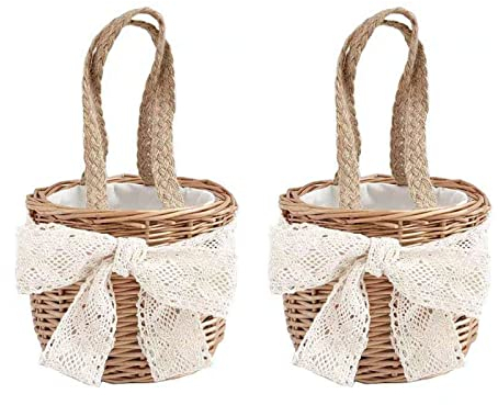 ASSR Rattan-Blumenkorb, Tragetasche, gewebte Körbe mit Makramee-Schleife, rustikaler Rattan-Hochzeitskorb, Ostereier-Korb, Größe S, 2 Stück
